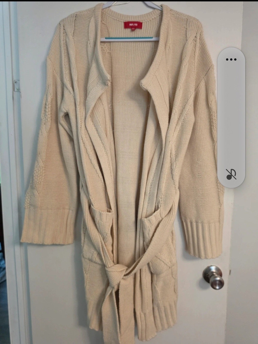 Open-Front Cream Belted Knit Cardigan Sweater